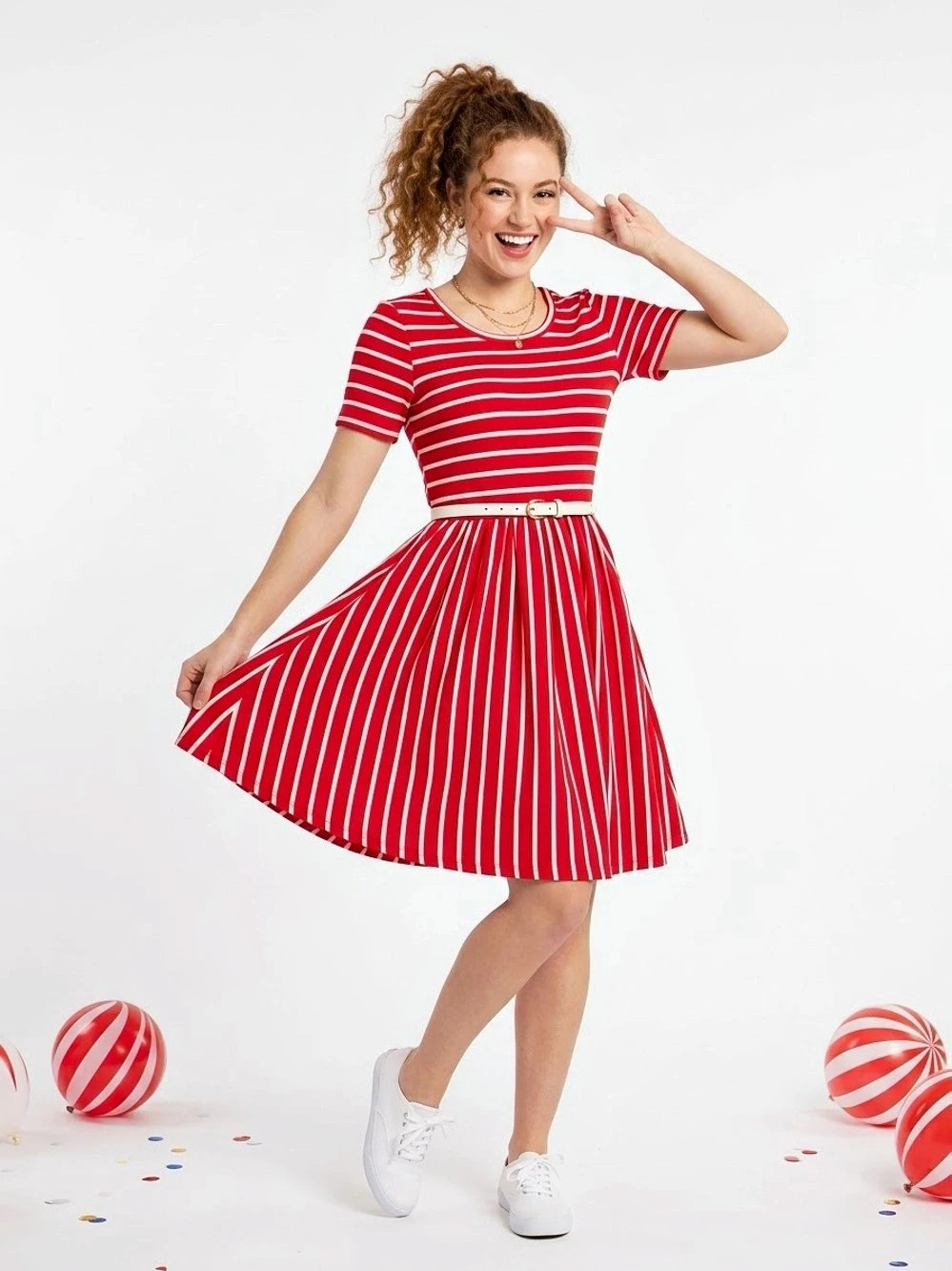 NWT LuLaRoe Amelia Red White Striped Fit & Flare Dress XXS